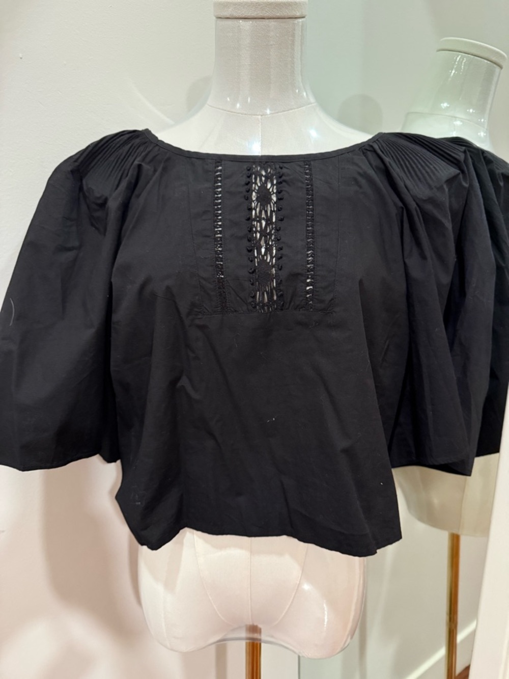 Black Puff Sleeve Eyelet Peasant Top - Women